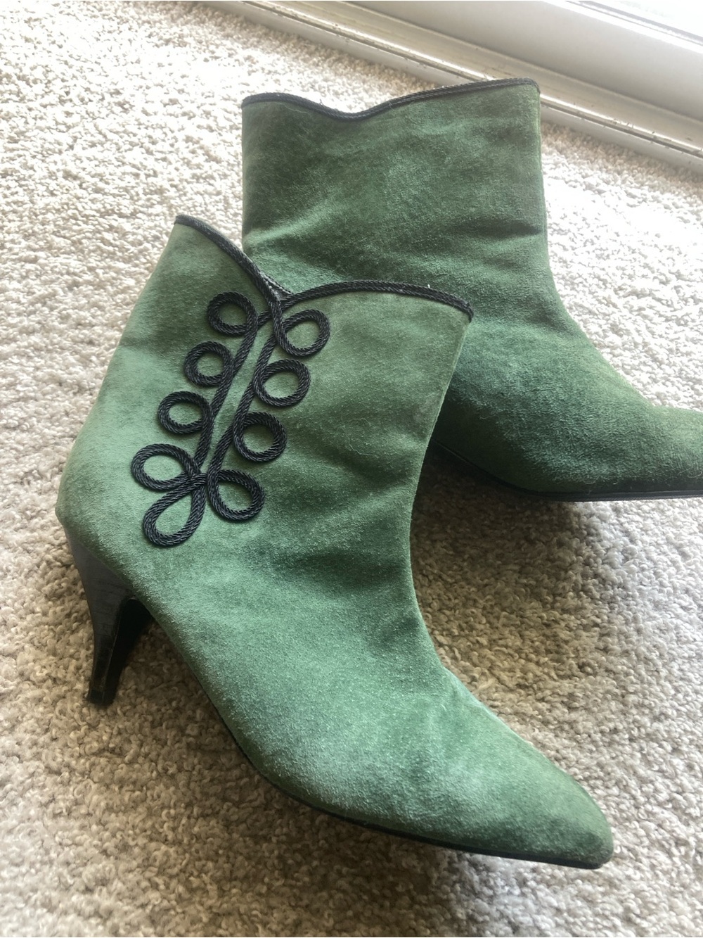 Green Suede Vintage 80’s Ankle Boots Black Embroidery Women bootie  goth punk